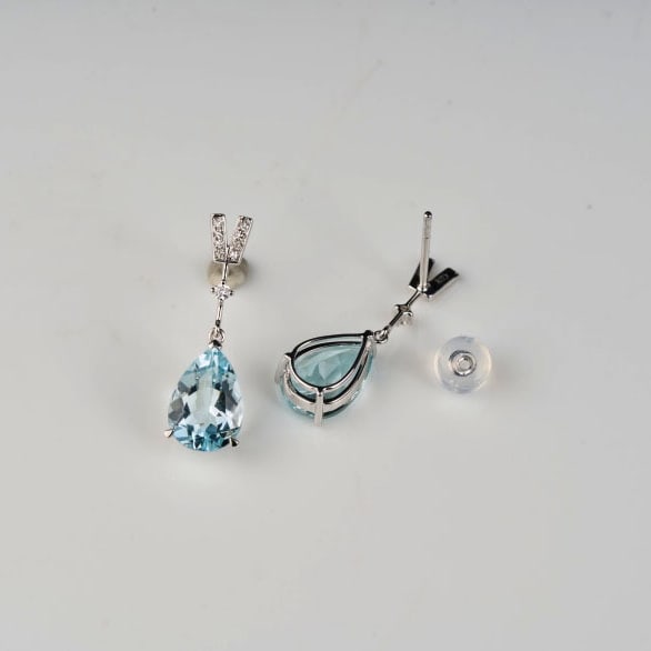 14k Gold 3.58 Ct Natural Aquamarine & Diamond Earrings - 5