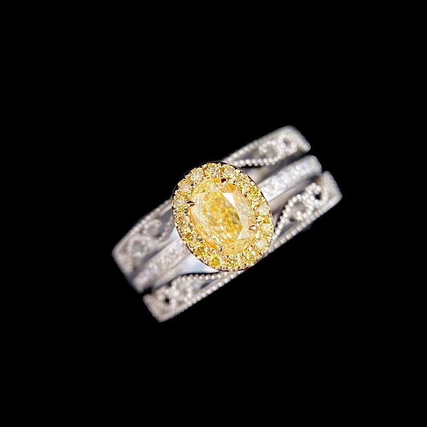 14k Gold 0.78 Ctw Natural Yellow Diamond & Diamond Ring: Ref:230972437 // gold content:14k gold // ring size:7. 25us // // main gemstone:yellow diamond // shape:oval // carat weight:0. 55ct // color:yellow // treatment:natural // // adjacent gemstone 2