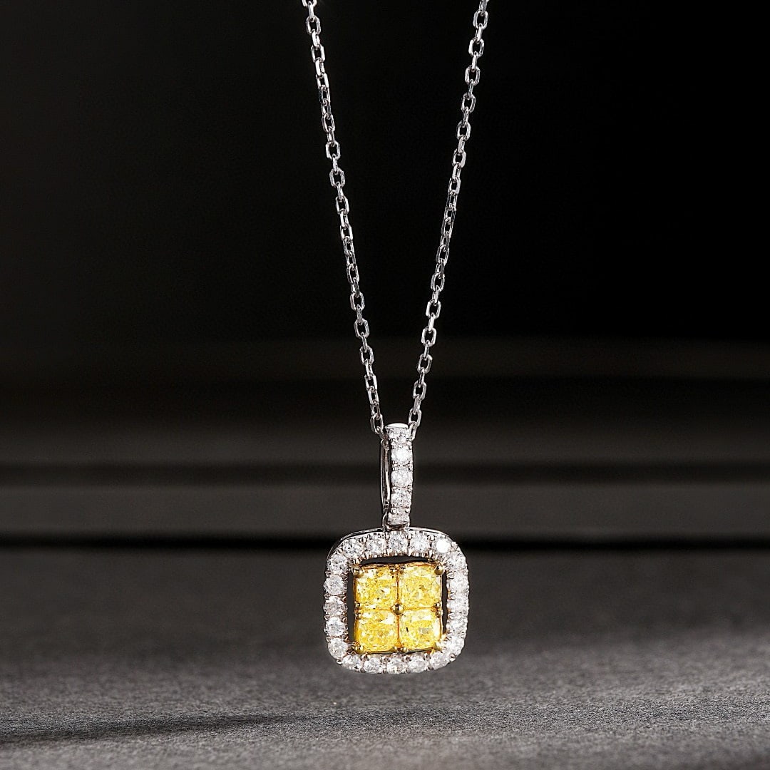 14k Gold 0.55 Ctw Natural Yellow Diamond & Diamond Necklace: Ref:230973059 // gold content:14k gold // main gemstone:yellow diamond // shape:cushion // carat weight:0. 37ct // color:yellow // treatment:natural // // adjacent gemstone 2 : diamond // shape:round