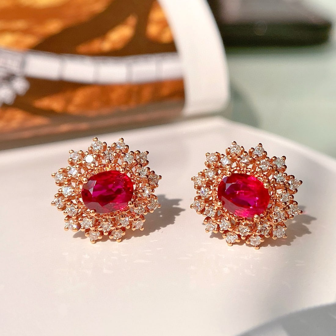 14k Gold 1.46 Ctw Natural Ruby & Diamond Earrings: Ref:230973063 // gold content:14k gold // main gemstone:ruby // shape:oval // carat weight:1. 07ct // color:red // treatment:natural // // adjacent gemstone 2 : diamond // shape:round // carat