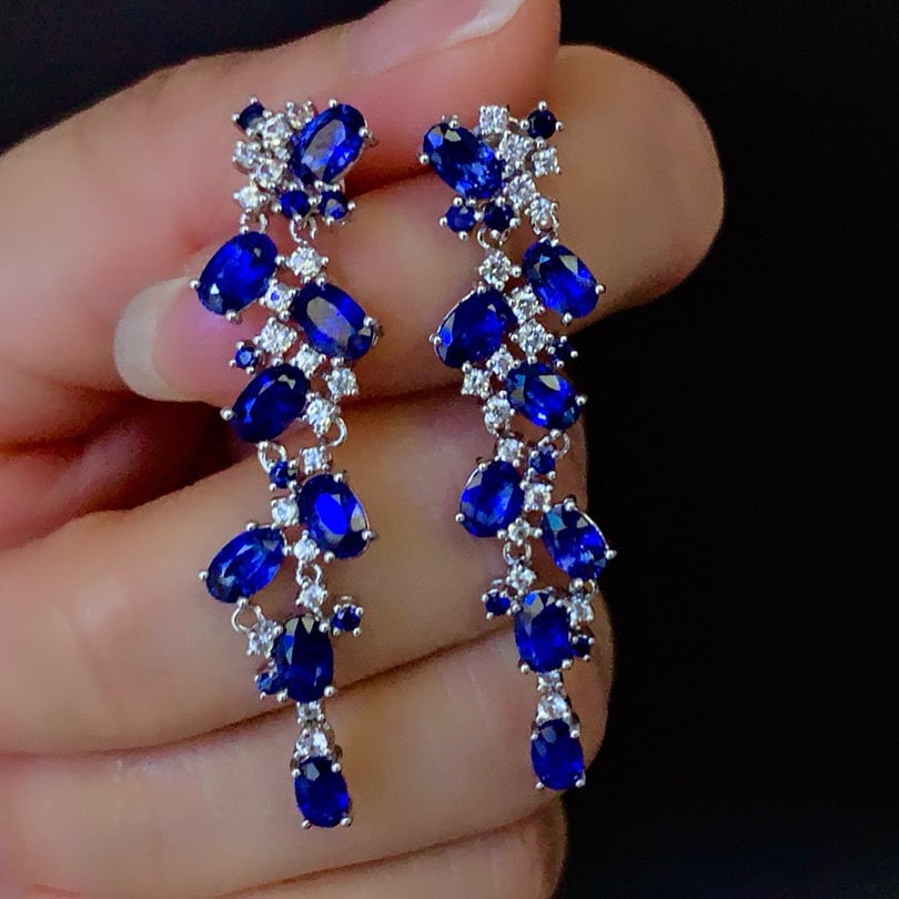 14k Gold 6.48 Ctw Vivid Blue Natural Sapphire & Sapphire Earrings - 3