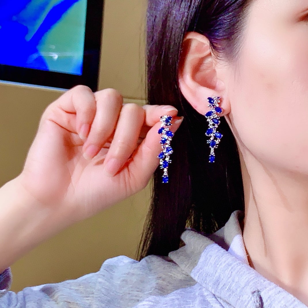 14k Gold 6.48 Ctw Vivid Blue Natural Sapphire & Sapphire Earrings - 4