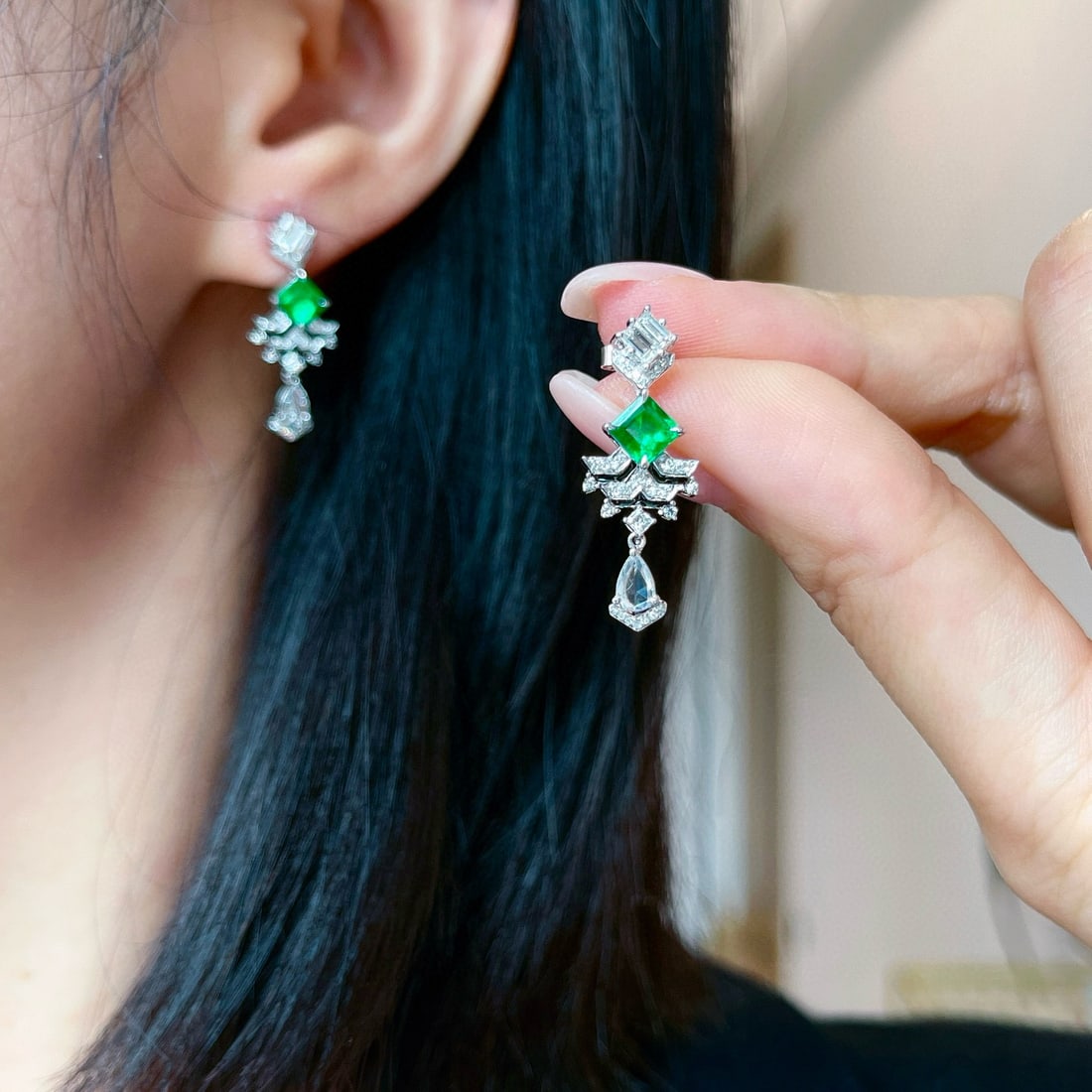 14k Gold 1.8 Ctw Vivid Green Natural Emerald & Diamond Earrings - 5