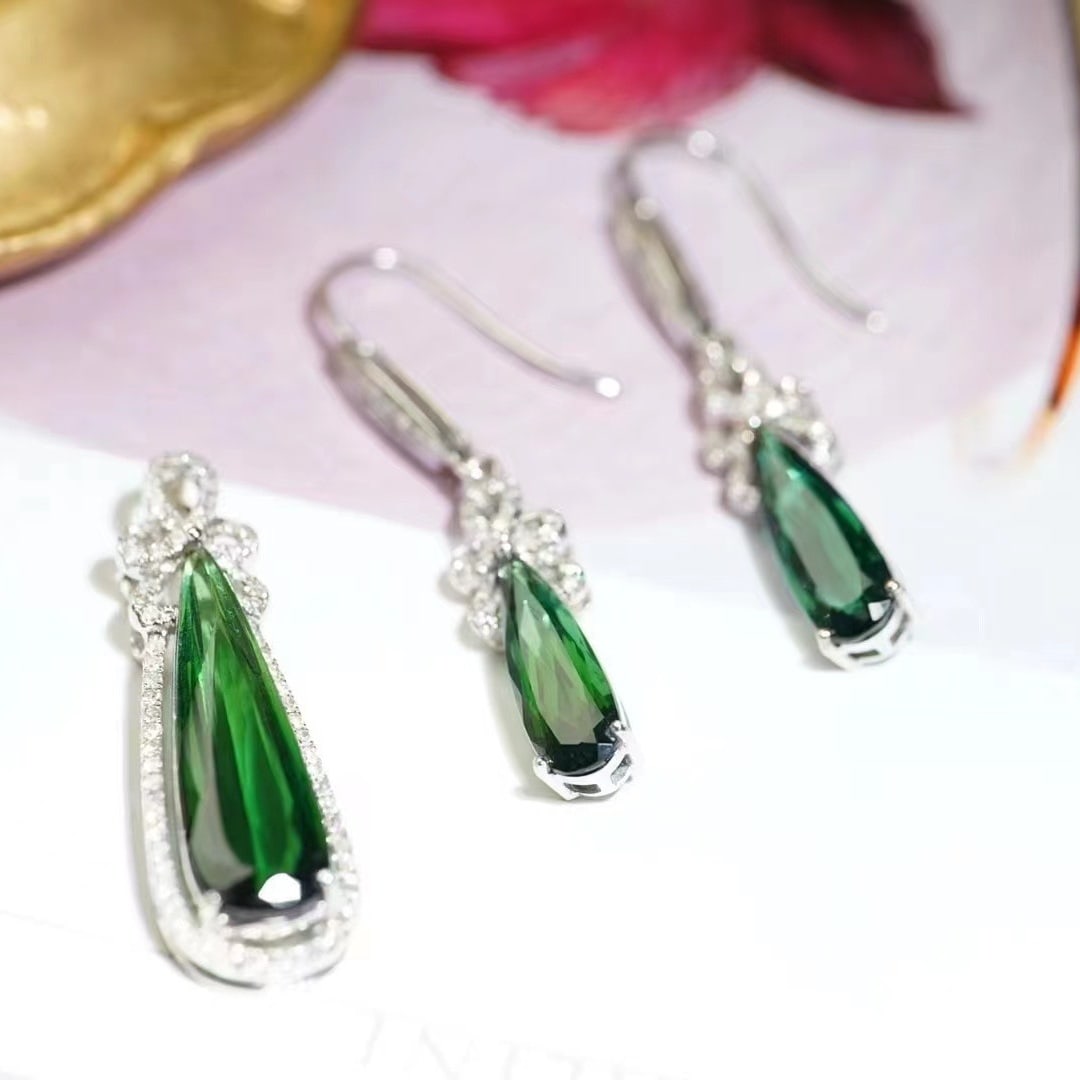 14k Gold 8.8 Ct Natural Tourmaline & Diamond Jewelry Set - 7