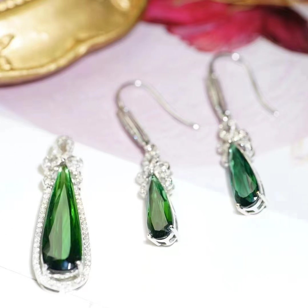 14k Gold 8.8 Ct Natural Tourmaline & Diamond Jewelry Set - 9