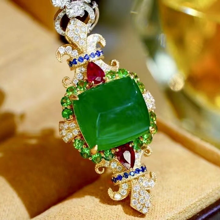 14k Gold 13.37 Ct Vivid Green Natural Emerald & Diamond & Ruby & Tsavorite & Sapphire Pendant( Wi... - 2