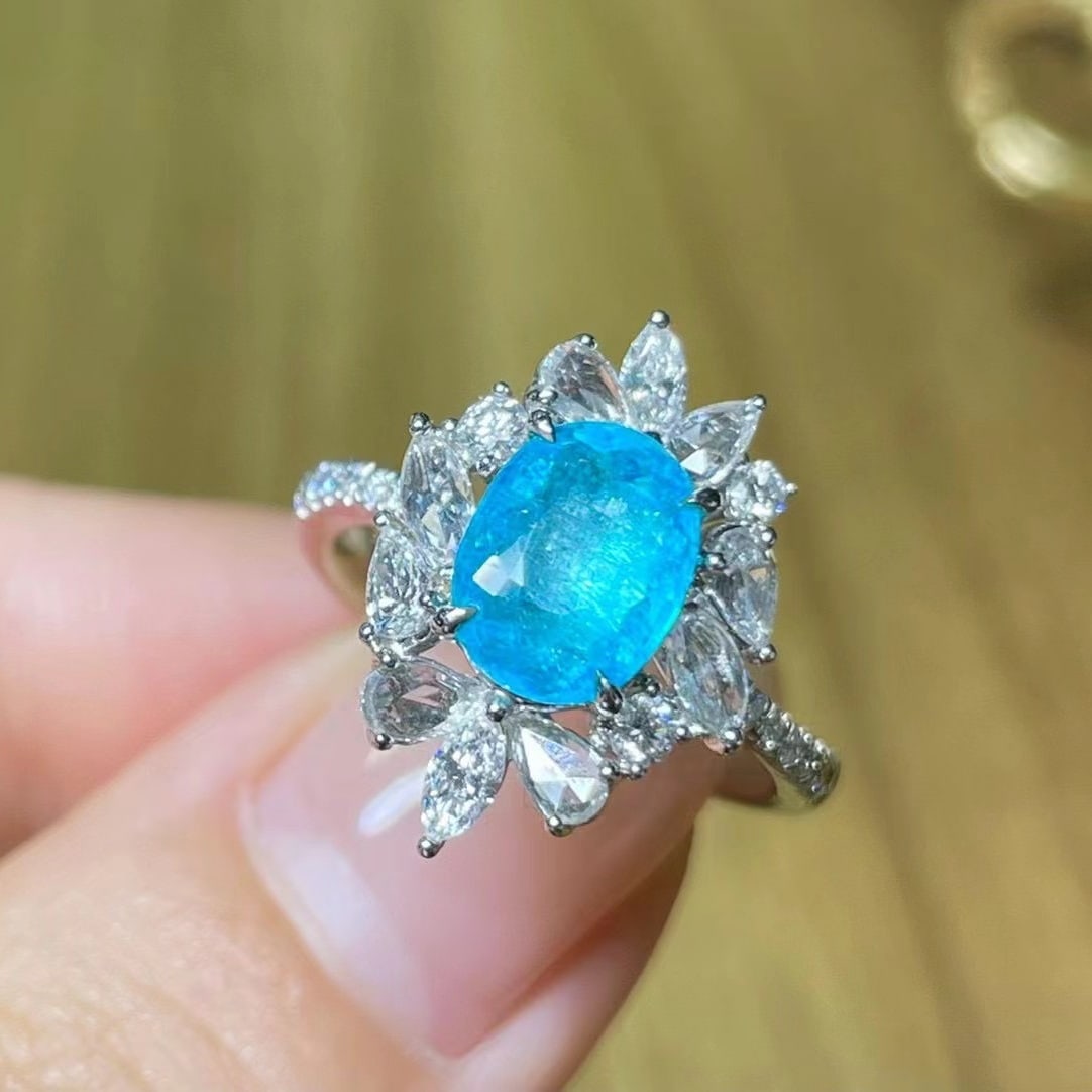 14k Gold 1.62 Ct Natural Paraiba Tourmaline & Diamond Ring - 2