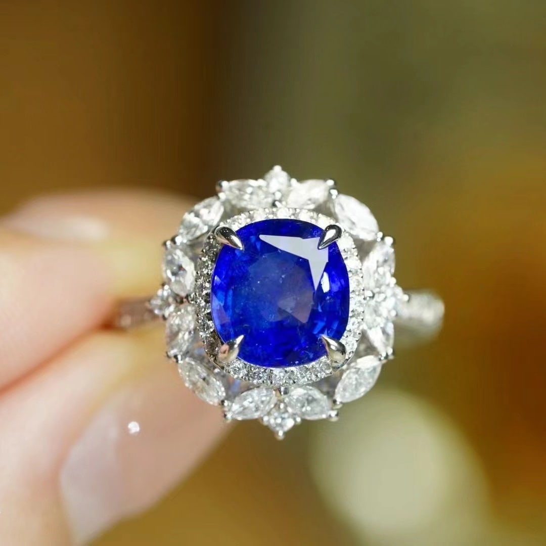 14k Gold 5.14 Ctw Natural Sapphire & Diamond Ring: Ref:230973160 // gold content:14k gold // ring size:7. 25us // // main gemstone:sapphire // shape:cushion // carat weight:4. 14ct // color:royal blue // treatment:natural // // adjacent gemstone 2