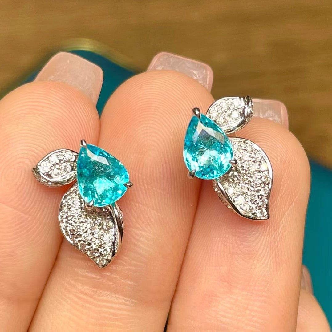 14k Gold 1.9 Ct Natural Paraiba Tourmaline & Diamond Earrings - 2