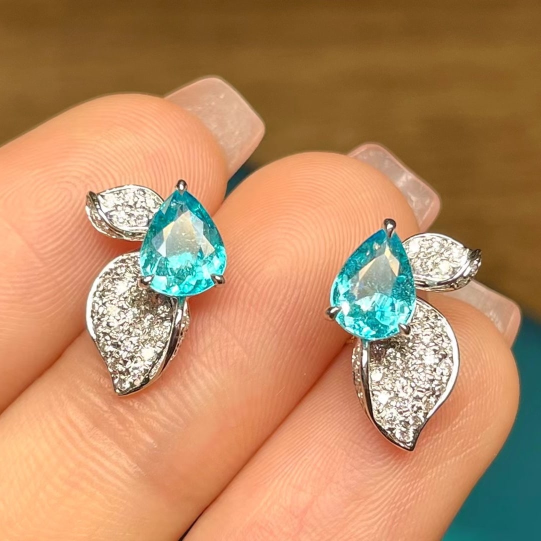 14k Gold 1.9 Ct Natural Paraiba Tourmaline & Diamond Earrings - 3