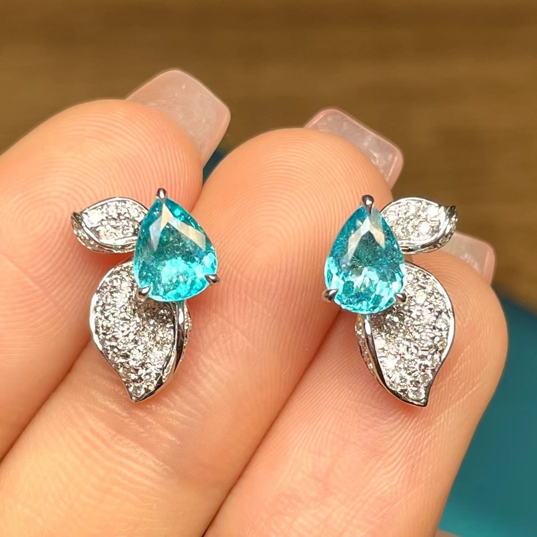 14k Gold 1.9 Ct Natural Paraiba Tourmaline & Diamond Earrings - 4