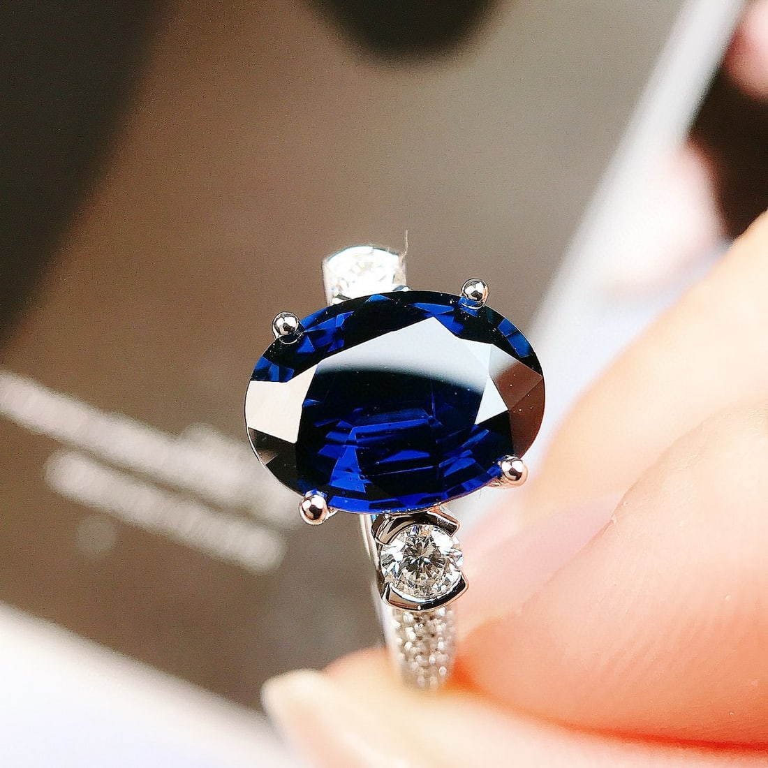 14k Gold 3.73 Ctw Natural Sapphire & Diamond Ring: Ref:230973217 // gold content:14k gold // ring size:7. 25us // // main gemstone:sapphire // shape:oval // carat weight:3. 37ct // color:royal blue // treatment:natural // // adjacent gemstone 2 :