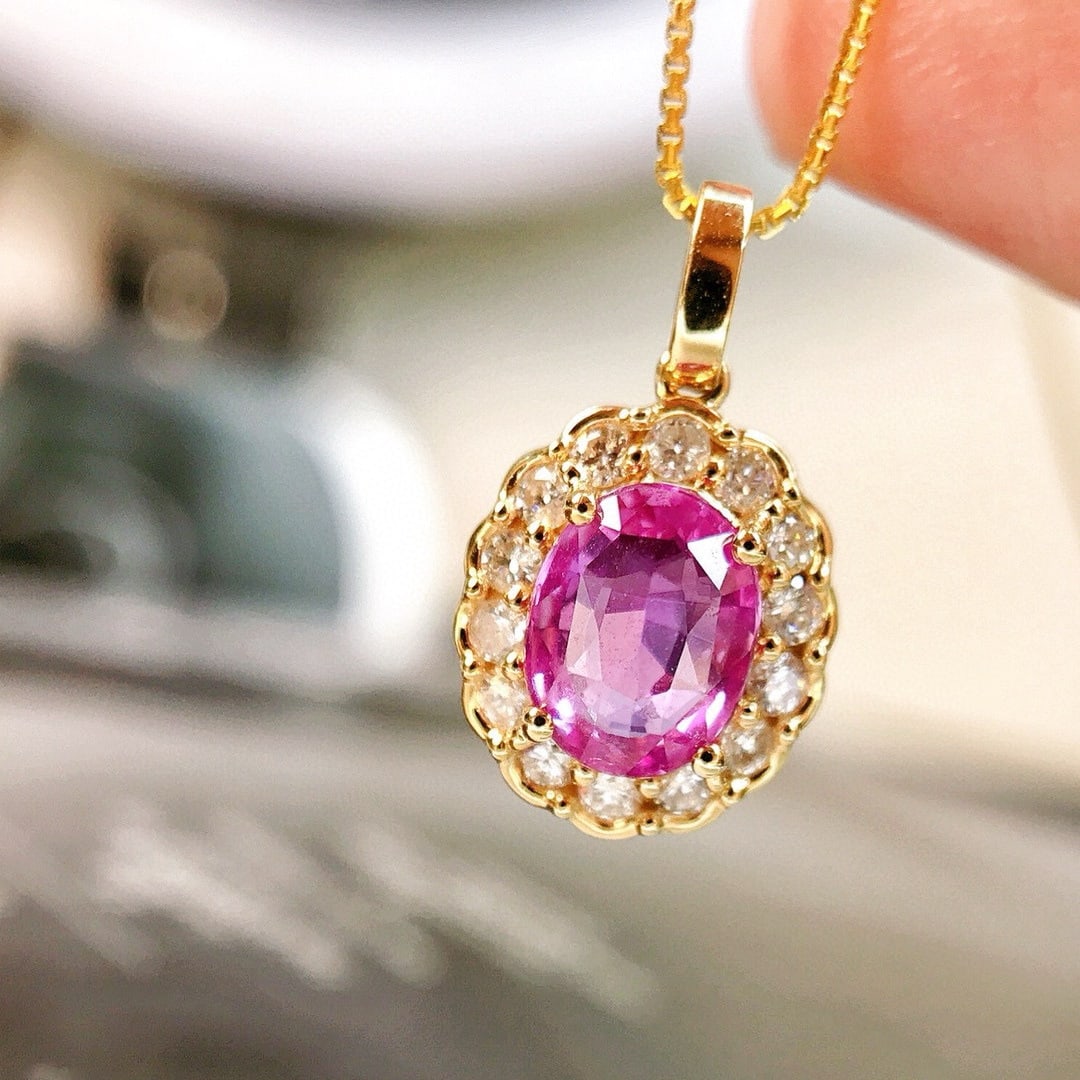 14k Gold 1.29 Ctw Natural Sapphire & Diamond Pendant( Without Chain ): Ref:230973219 // gold content:14k gold // main gemstone:sapphire // shape:oval // carat weight:1. 07ct // color:pink // treatment:natural // // adjacent gemstone 2 : diamond // shape:round // carat