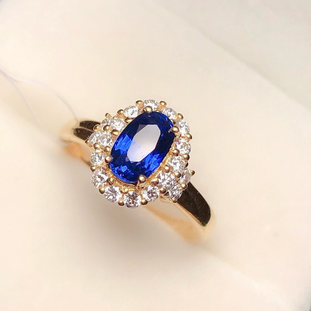 14k Gold 1.2 Ct Vivid Blue Natural Sapphire & Diamond Ring - 4