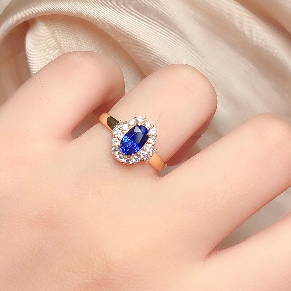 14k Gold 1.2 Ct Vivid Blue Natural Sapphire & Diamond Ring - 7