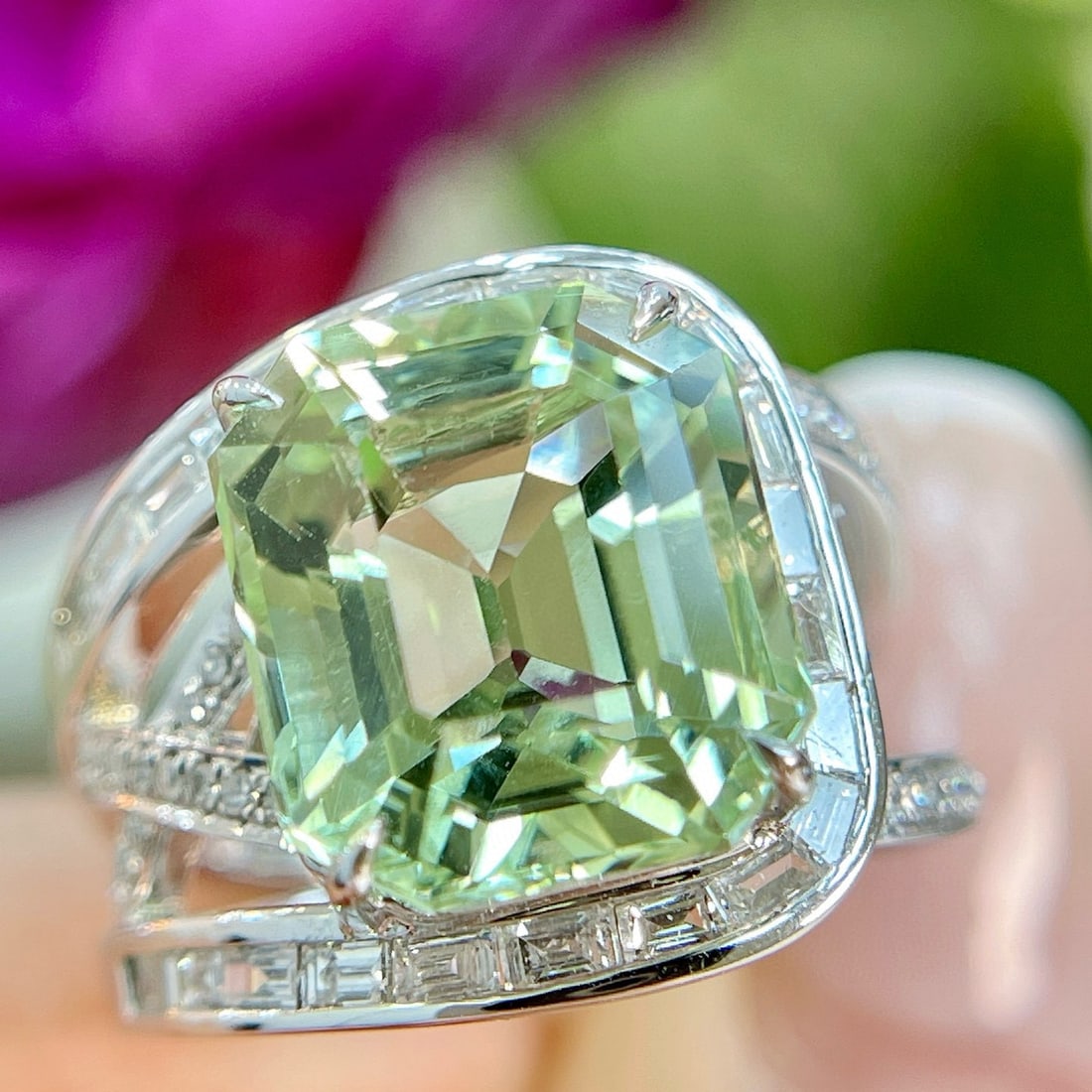 14k Gold 7.7 Ctw Natural Tourmaline & Diamond Ring: Ref:230973226 // gold content:14k gold // ring size:7. 25us // // main gemstone:tourmaline // shape:octagonal // carat weight:7ct // color:green // treatment:natural // // adjacent gemstone 2 :