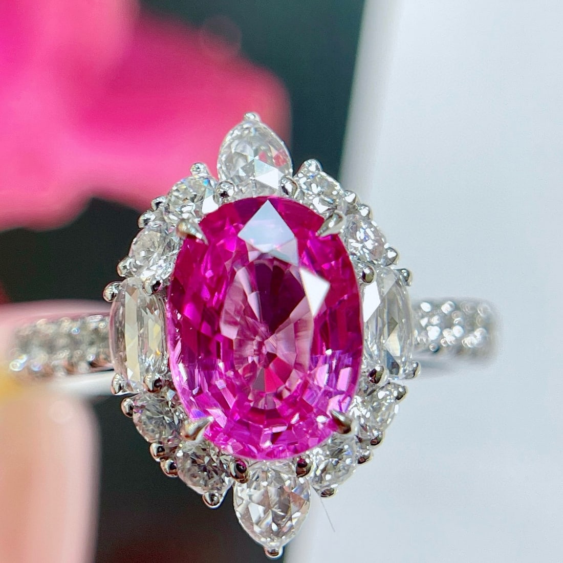 14k Gold 3.08 Ctw Natural Sapphire & Diamond Ring: Ref:230973227 // gold content:14k gold // ring size:7. 25us // // main gemstone:sapphire // shape:oval // carat weight:2. 18ct // color:pink // treatment:natural // // adjacent gemstone 2 :