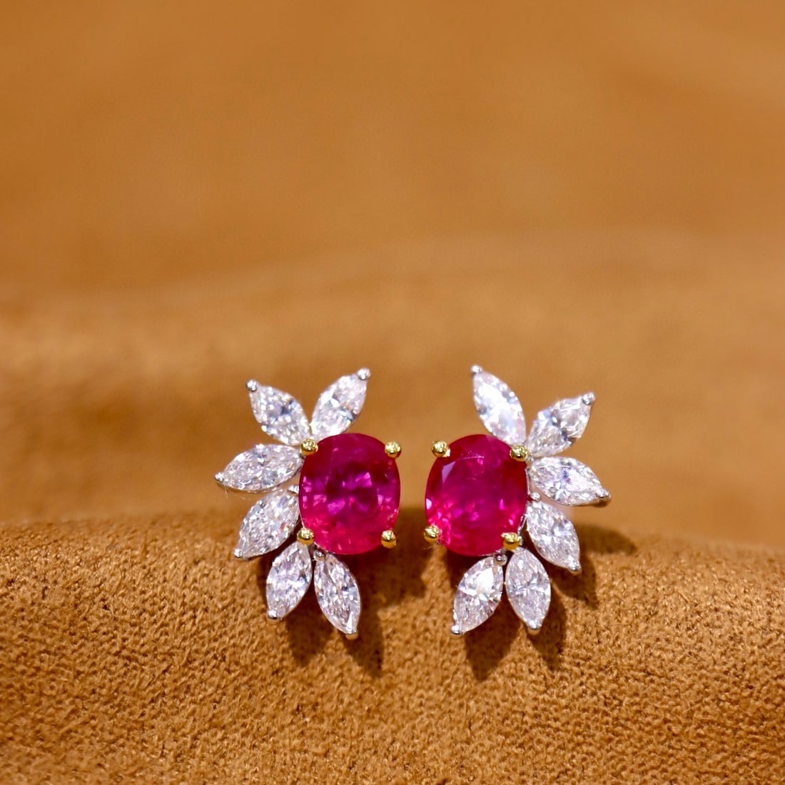 14k Gold 2.31 Ctw Natural Ruby & Diamond Earrings: Ref:230973229 // gold content:14k gold // main gemstone:ruby // shape:oval // carat weight:1. 60ct // color:red // treatment:natural // // adjacent gemstone 2 : diamond // shape:marquise // carat