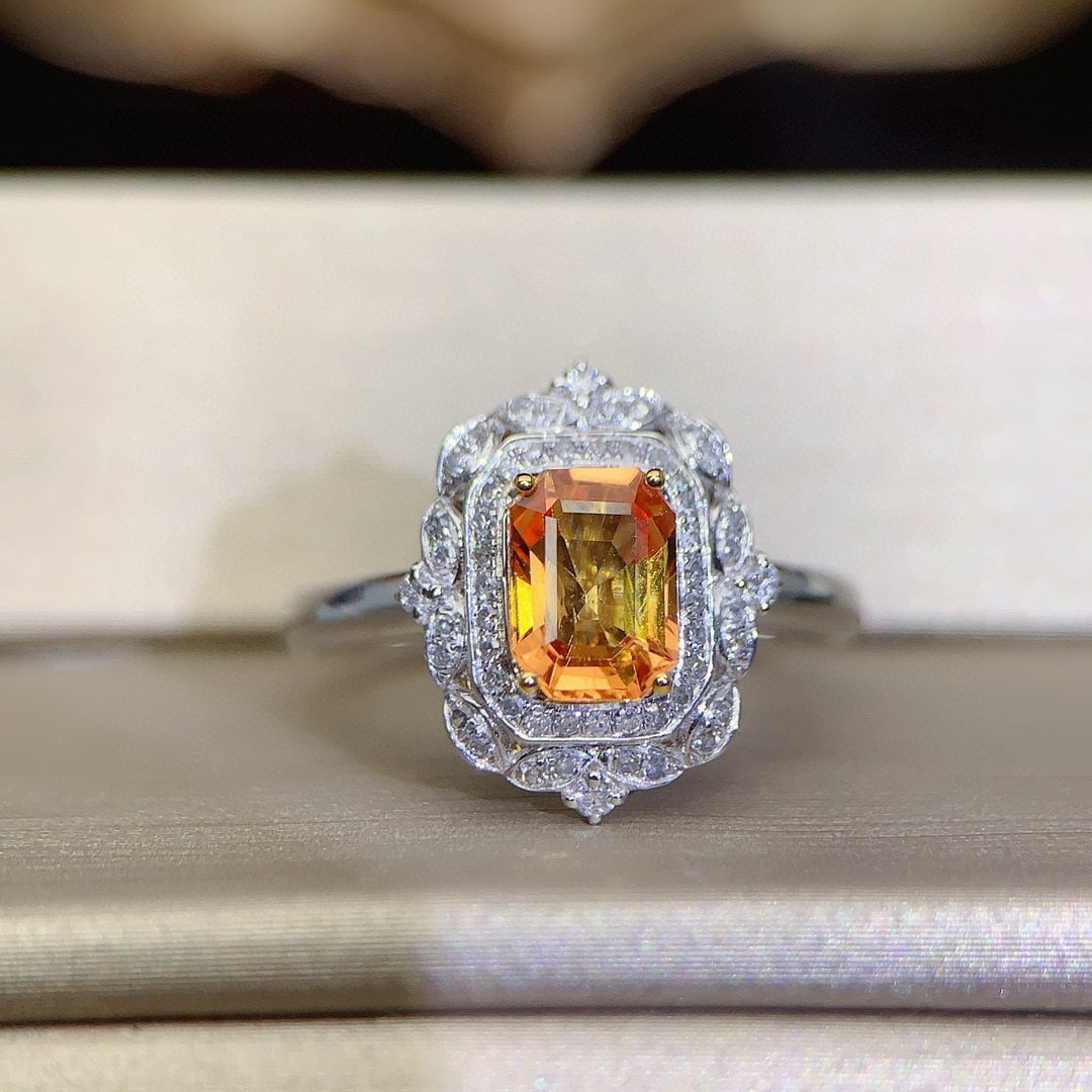 14k Gold 1.39 Ctw Natural Sapphire & Diamond Ring: Ref:230973240 // gold content:14k gold // ring size:7. 25us // // main gemstone:sapphire // shape:octagonal // carat weight:1. 2ct // color:yellow // treatment:natural // // adjacent gemstone 2 :