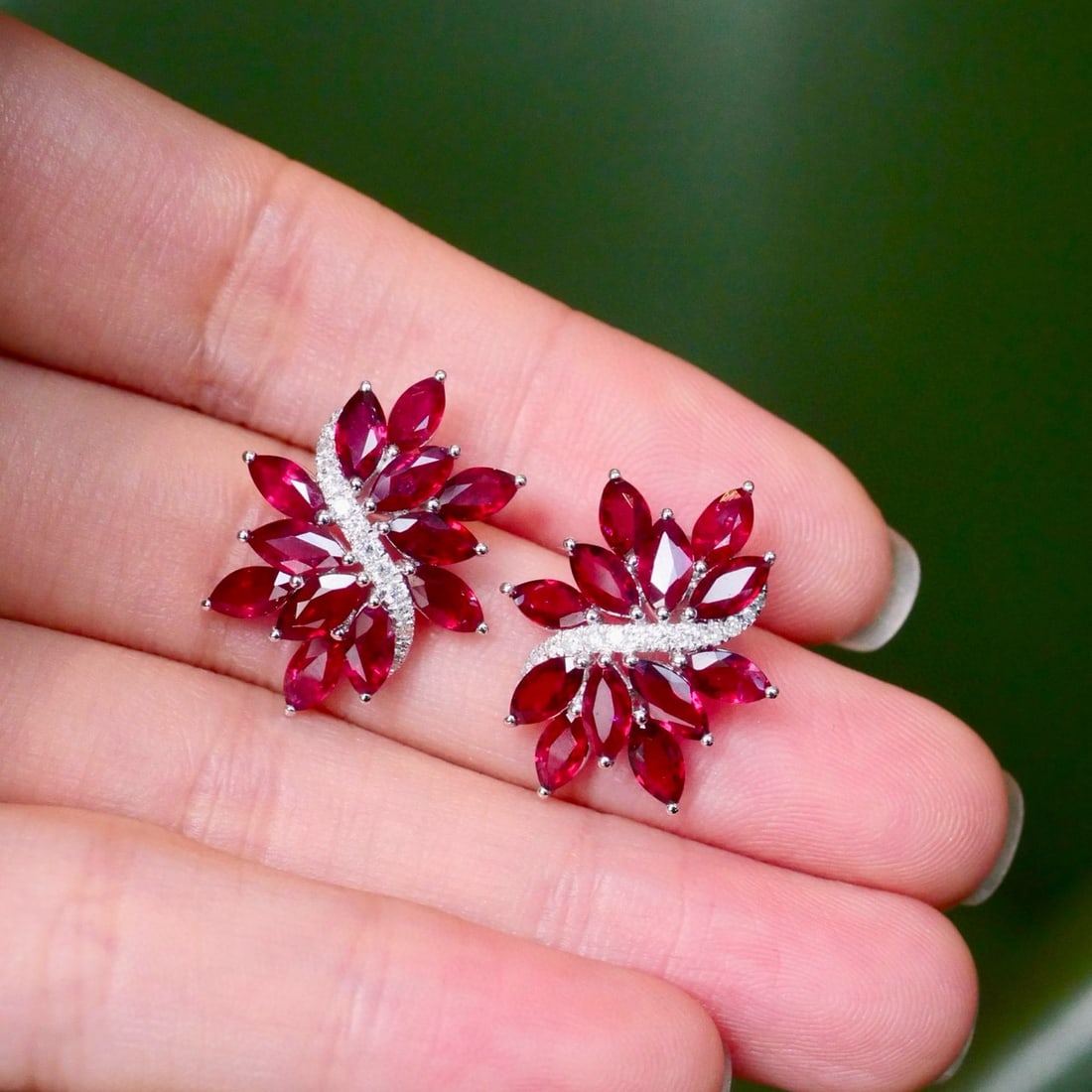 14k Gold 5.7 Ctw Vivid Red Natural Ruby & Diamond Earrings: Ref:230973249 // gold content:14k gold // main gemstone:ruby // shape:marquise // carat weight:5. 5ct // color:vivid red // treatment:natural // // adjacent gemstone 2 : diamond // shape:round //