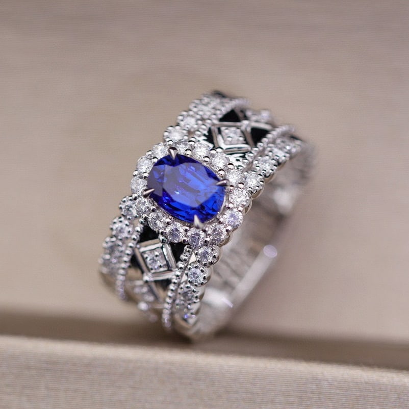 14k Gold 1.83 Ctw Natural Sapphire & Diamond Ring: Ref:230973255 // gold content:14k gold // ring size:7. 25us // // main gemstone:sapphire // shape:oval // carat weight:1. 25ct // color:blue // treatment:natural // // adjacent gemstone 2 :