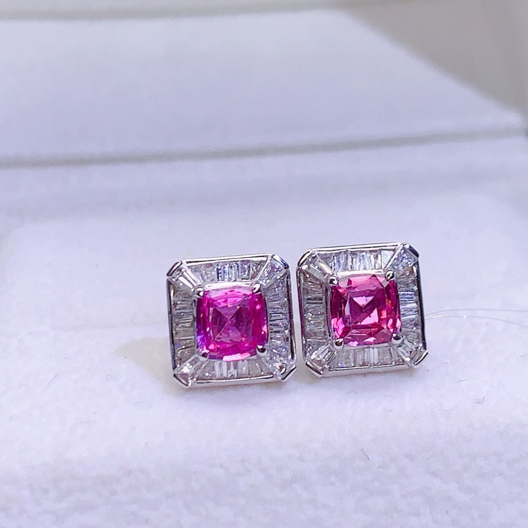 14k Gold 2.34 Ctw Natural Padparadscha Sapphire & Diamond Earrings: Ref:230973256 // gold content:14k gold // main gemstone:padparadscha sapphire // shape:cushion // carat weight:1. 66ct // color:orangish pink // treatment:natural // // adjacent gemstone 2 :