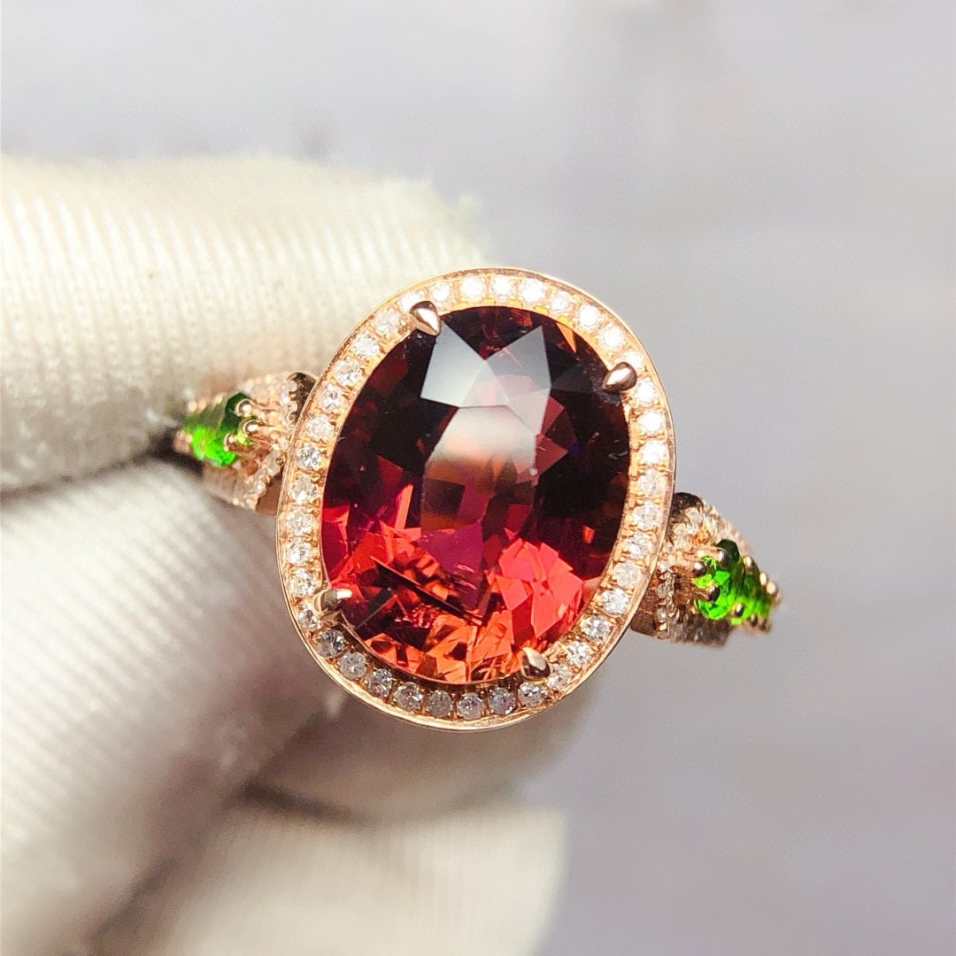 14k Gold 4.88 Ct Natural Tourmaline & Diamond & Tsavorite Ring: Ref:230973259 // gold content:14k gold // ring size:7. 25us // // main gemstone:tourmaline // shape:oval // carat weight:4. 88ct // color:red // treatment:natural // // adjacent gemstone 2 :