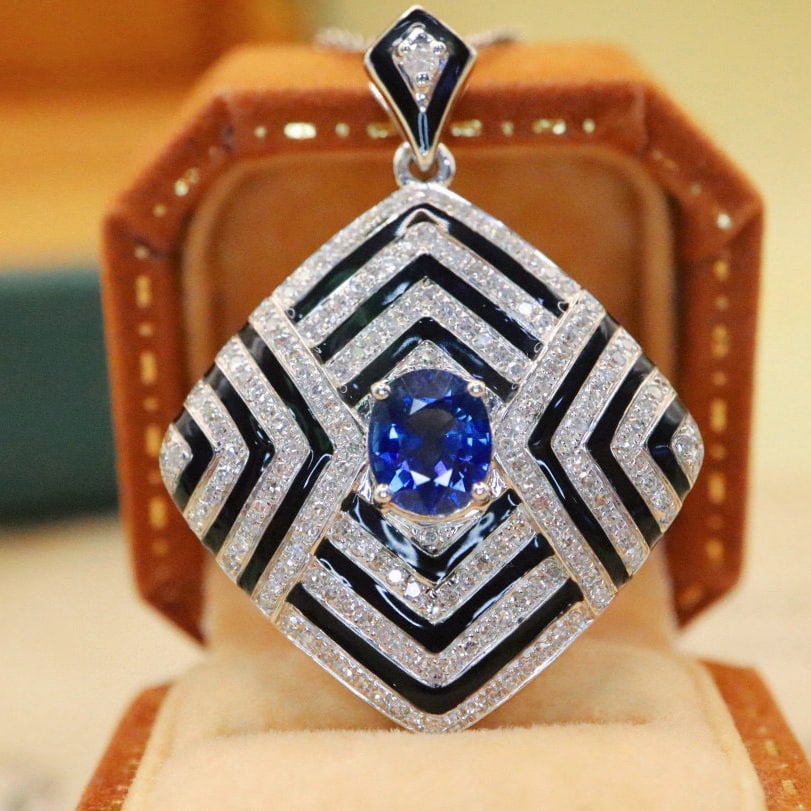 14k Gold 1.74 Ctw Natural Sapphire & Diamond Pendant( Without Chain ): Ref:230974029 // gold content:14k gold // main gemstone:sapphire // shape:oval // carat weight:1. 20ct // color:royal blue // treatment:natural // // adjacent gemstone 2 : diamond // number of