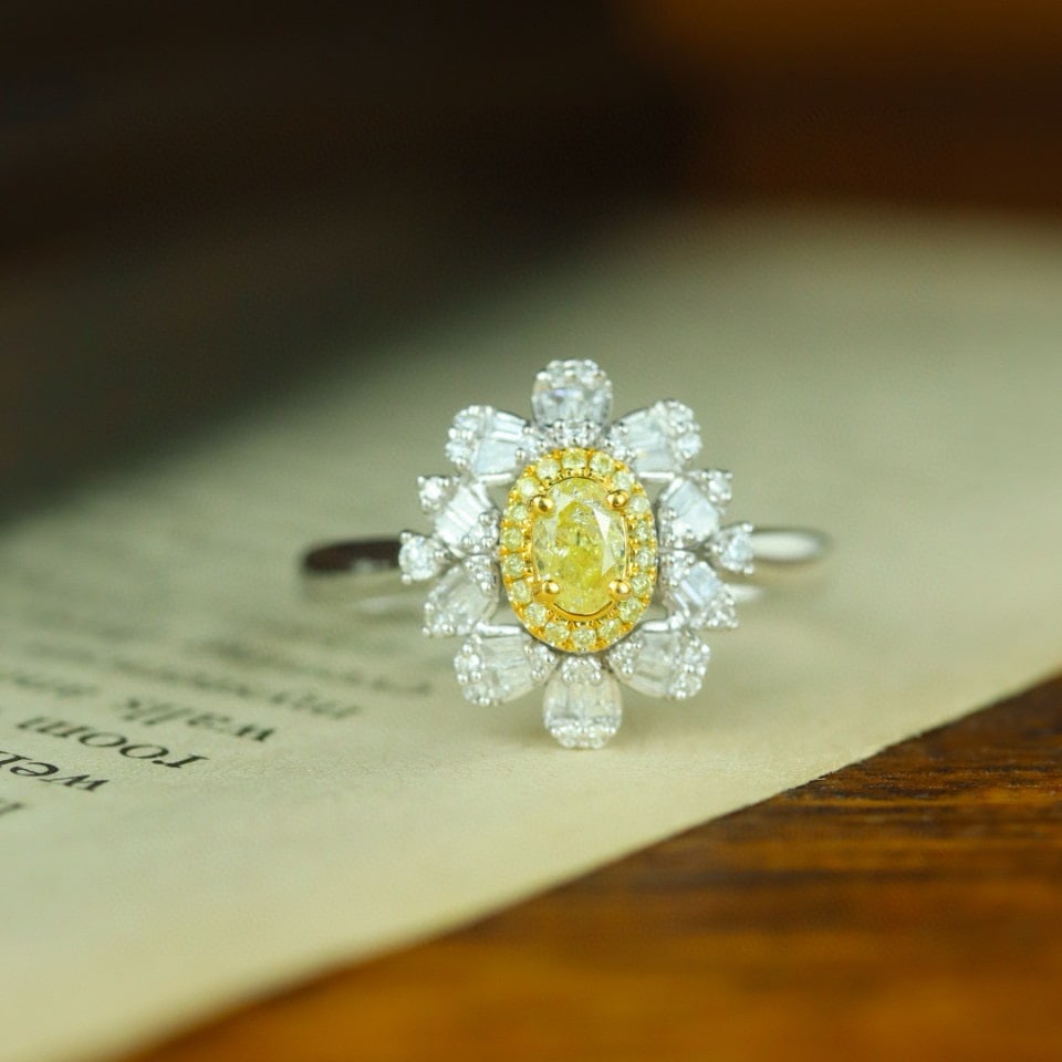 14k Gold 0.47 Ctw Natural Yellow Diamond & Diamond Ring: Ref:230974034 // gold content:14k gold // ring size:7. 25us // // main gemstone:yellow diamond // shape:oval // carat weight:0. 21ct // color:yellow // treatment:natural // // adjacent gemstone 2