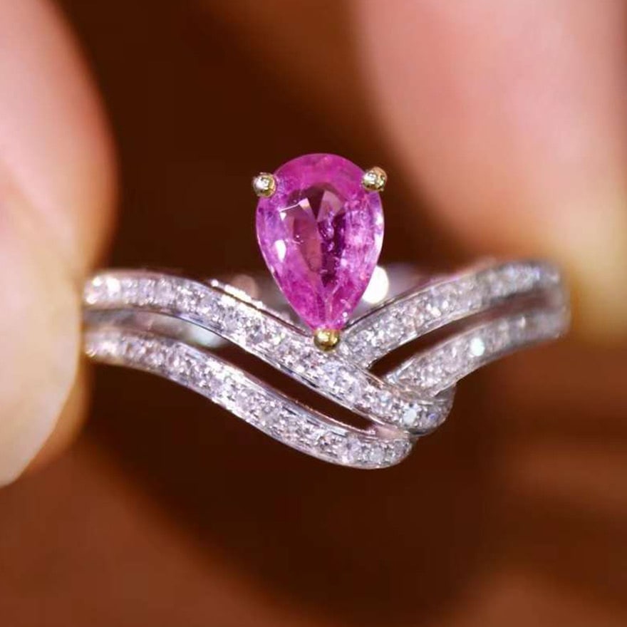 14k Gold 0.78 Ctw Natural Sapphire & Diamond Ring: Ref:230974075 // gold content:14k gold // ring size:7. 25us // // main gemstone:sapphire // shape:pear // carat weight:0. 6ct // color:pink // treatment:natural // // adjacent gemstone 2 : diamond