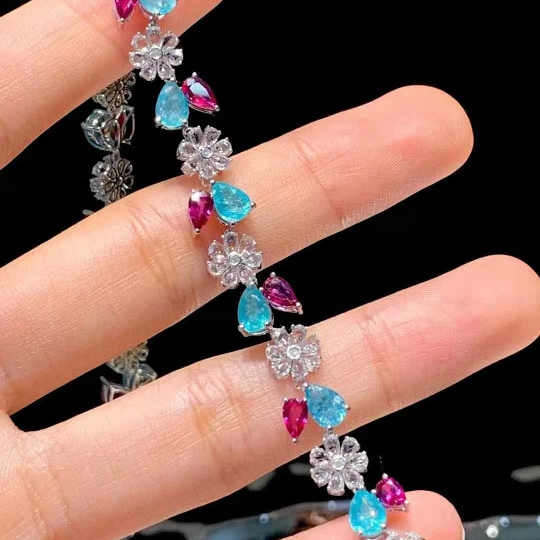 14k Gold 9.3 Ct Natural Paraiba Tourmaline & Ruby & Sapphire & Diamond Bracelet - 2