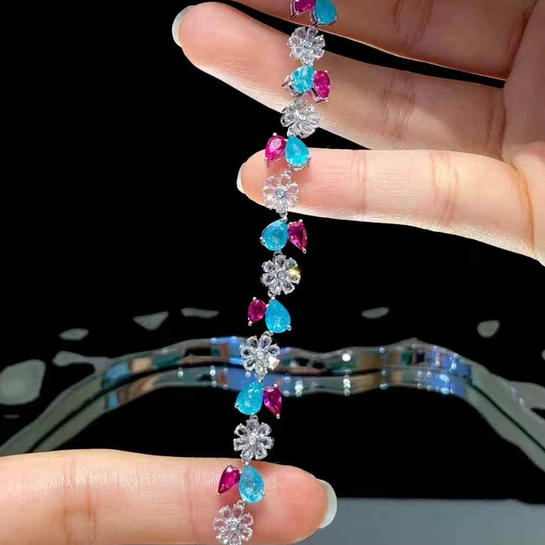 14k Gold 9.3 Ct Natural Paraiba Tourmaline & Ruby & Sapphire & Diamond Bracelet - 3