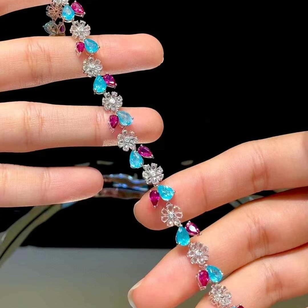 14k Gold 9.3 Ct Natural Paraiba Tourmaline & Ruby & Sapphire & Diamond Bracelet - 4