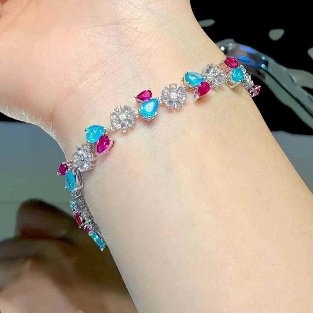 14k Gold 9.3 Ct Natural Paraiba Tourmaline & Ruby & Sapphire & Diamond Bracelet - 5