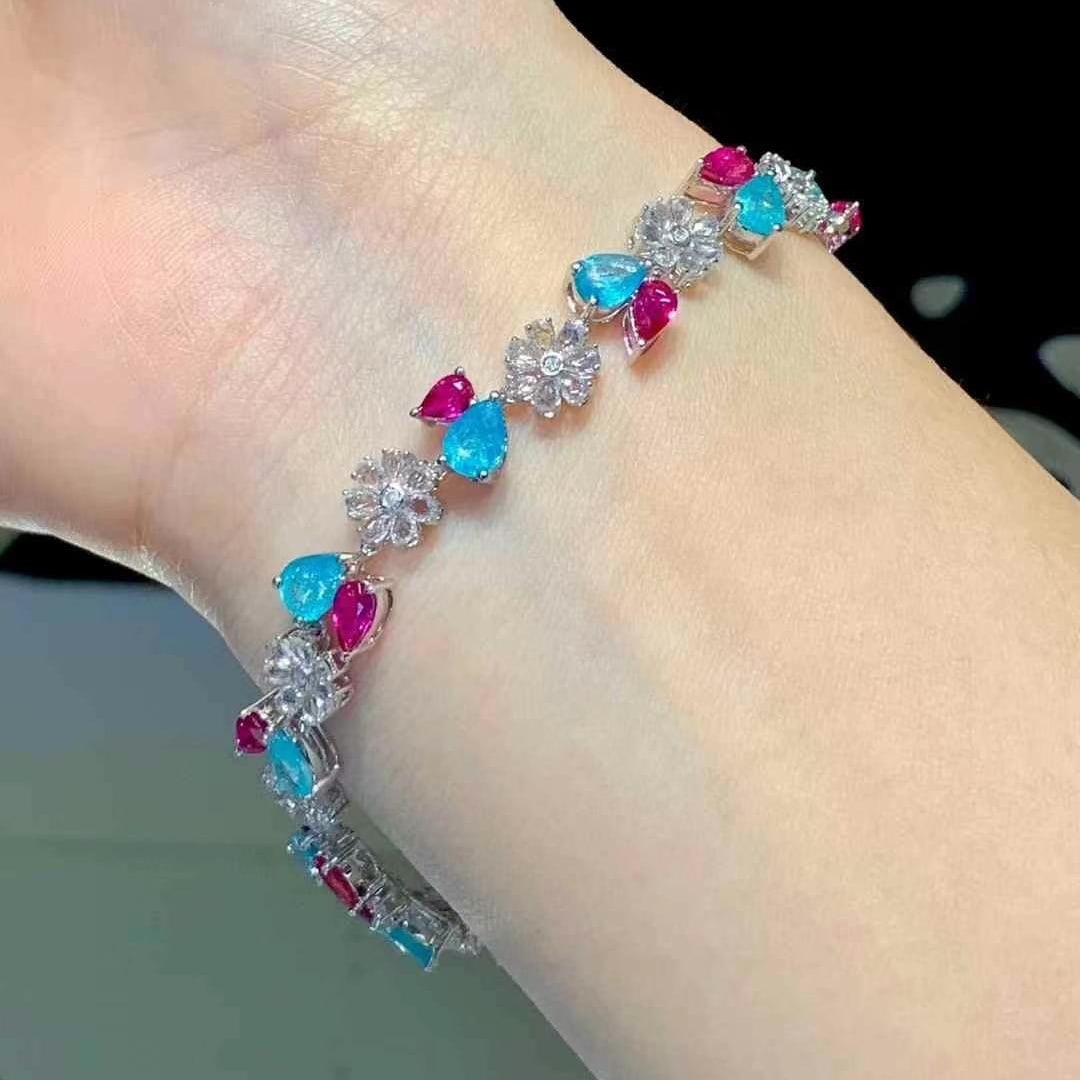 14k Gold 9.3 Ct Natural Paraiba Tourmaline & Ruby & Sapphire & Diamond Bracelet - 6