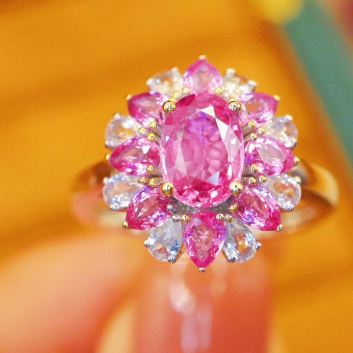 14k Gold 2.7 Ctw Natural Padparadscha Sapphire & Sapphire Ring: Ref:230974103 // gold content:14k gold // ring size:7. 25us // // main gemstone:padparadscha sapphire // shape:multiply // carat weight:2. 2ct // color:orangish pink // treatment:natural // //