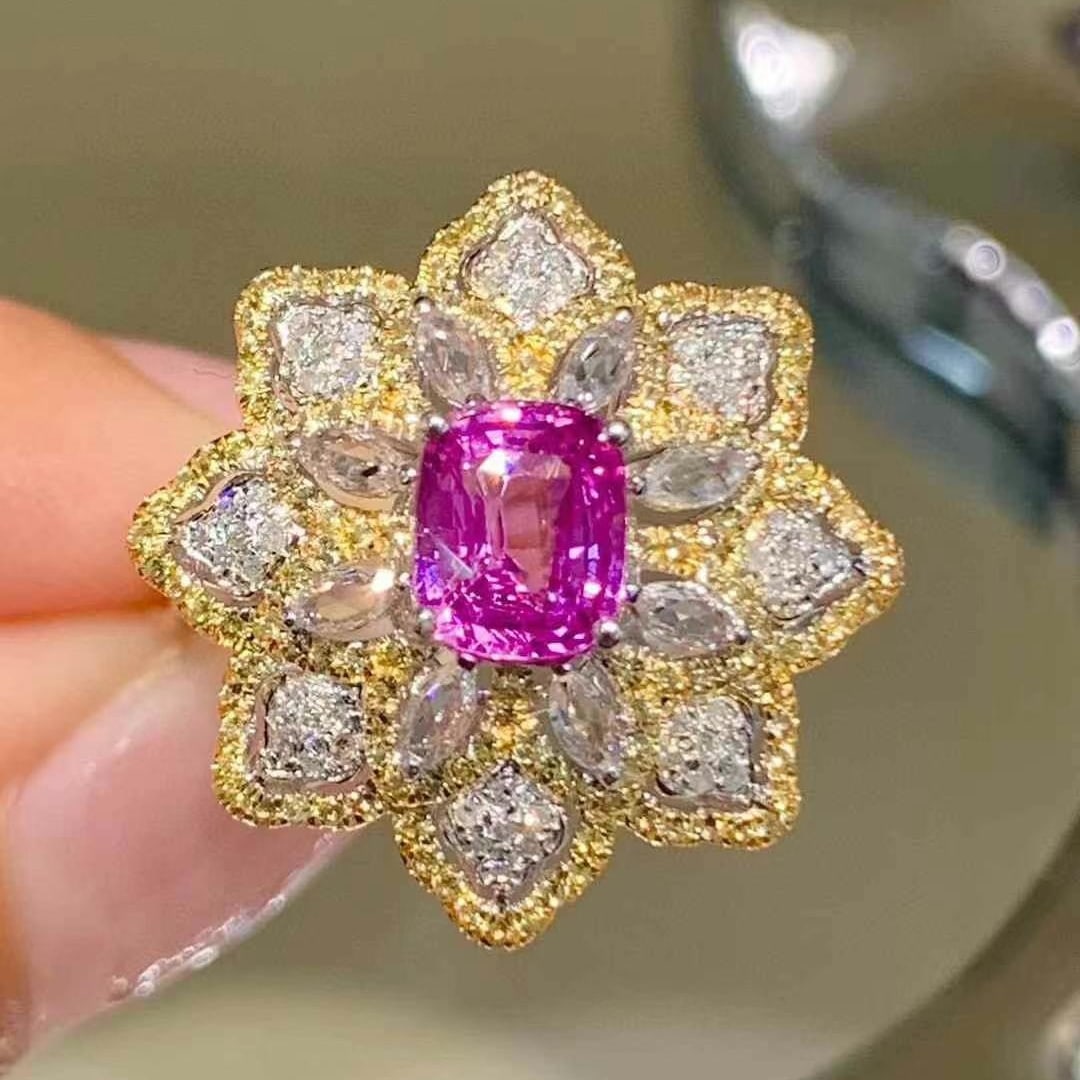 14k Gold 1.2 Ct Natural Sapphire & Diamond & Sapphire Ring: Ref:230974104 // gold content:14k gold // ring size:7. 25us // // main gemstone:sapphire // shape:cushion // carat weight:1. 2ct // color:purple // treatment:natural // // adjacent gemstone 2 :