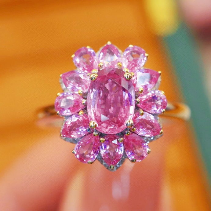 14k Gold 2.72 Ctw Natural Padparadscha Sapphire & Diamond Ring: Ref:230974115 // gold content:14k gold // ring size:7. 25us // // main gemstone:padparadscha sapphire // shape:multiply // carat weight:2. 63ct // color:orangish pink // treatment:natural // //