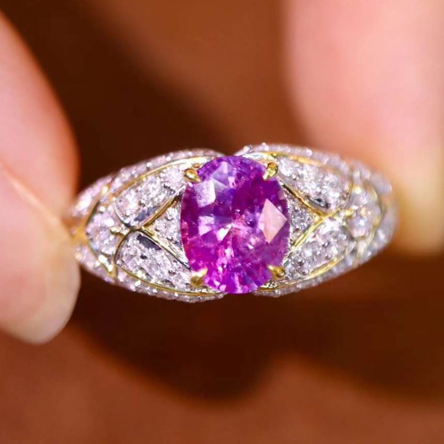 14k Gold 1.52 Ctw Natural Sapphire & Diamond Ring: Ref:230974129 // gold content:14k gold // ring size:7. 25us // // main gemstone:sapphire // shape:oval // carat weight:1. 10ct // color:pink // treatment:natural // // adjacent gemstone 2 :