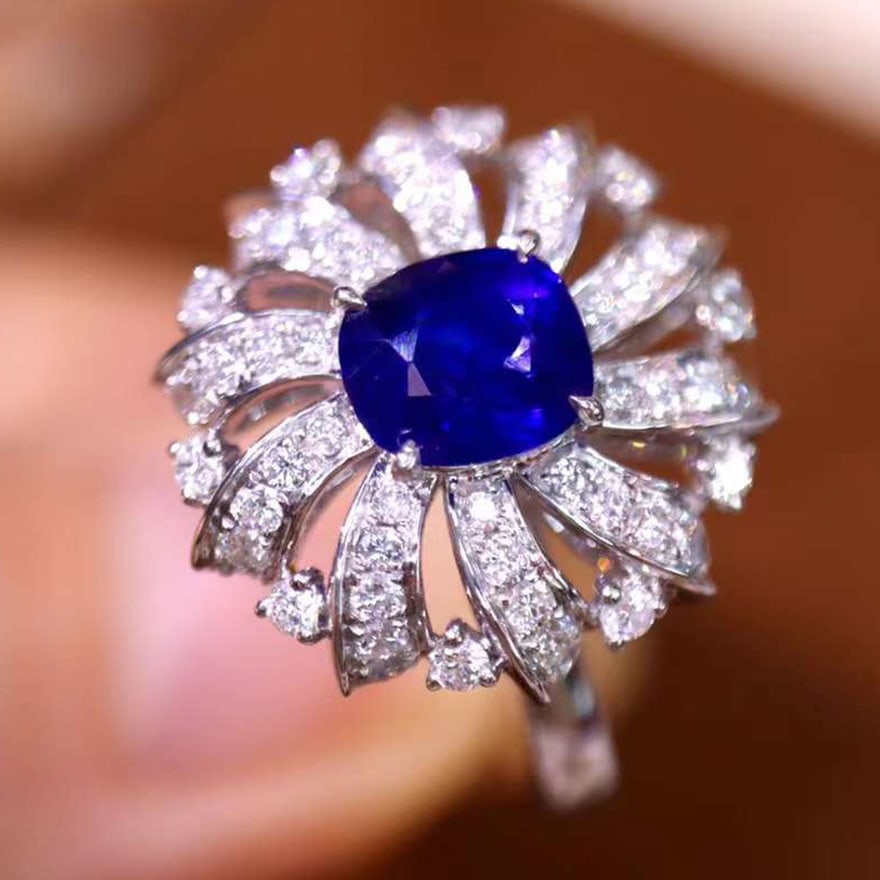 14k Gold 1.82 Ctw Natural Sapphire & Diamond Ring: Ref:230974138 // gold content:14k gold // ring size:7. 25us // // main gemstone:sapphire // shape:cushion // carat weight:1. 25ct // color:blue // treatment:natural // // adjacent gemstone 2 :