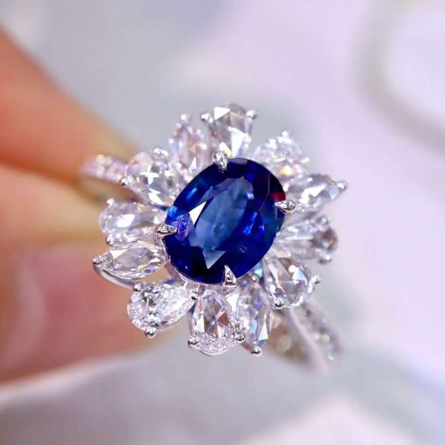 14k Gold 1.90 Ctw Natural Sapphire & Diamond Ring: Ref:230974234 // gold content:14k gold // ring size:7. 25us // // main gemstone:sapphire // shape:oval // carat weight:1. 10ct // color:blue // treatment:natural // // adjacent gemstone 2 :