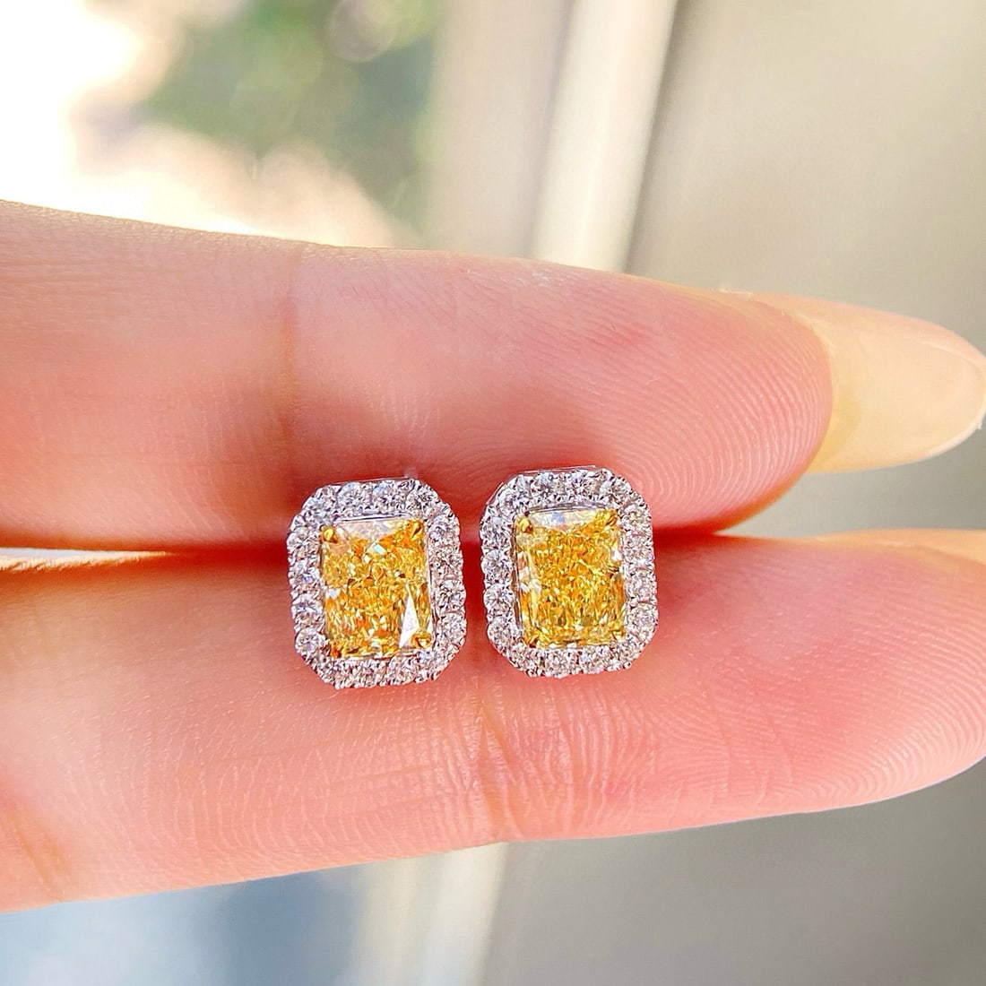 14k Gold 1.94 Ctw Natural Yellow Diamond & Diamond Earrings: Ref:230974237 // gold content:14k gold // main gemstone:yellow diamond // shape:radiant // carat weight:1. 64ct // color:yellow // treatment:natural // // adjacent gemstone 2 : diamond //