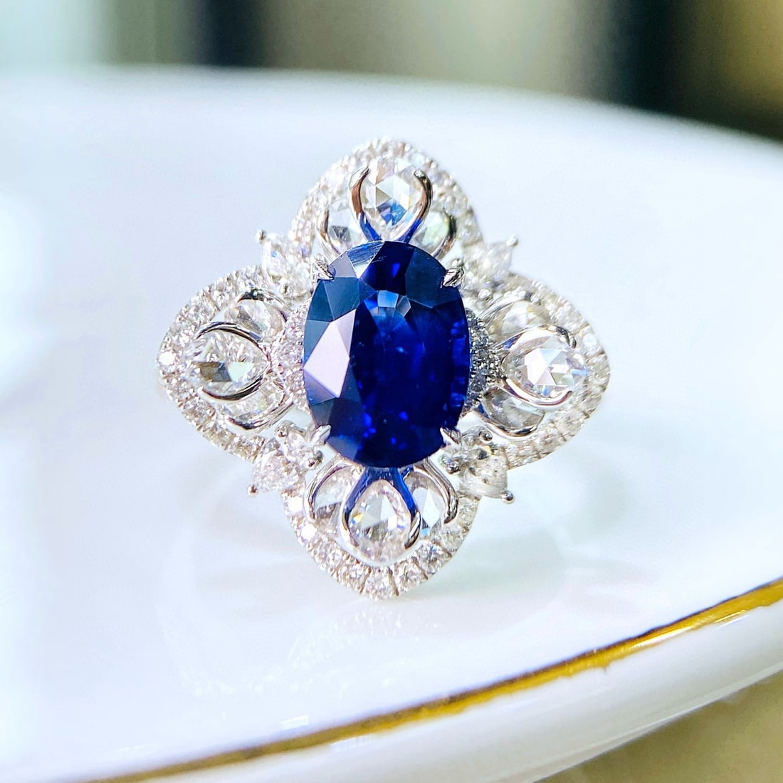 14k Gold 3.47 Ctw Natural Sapphire & Diamond Ring: Ref:230974244 // gold content:14k gold // ring size:7. 25us // // main gemstone:sapphire // shape:oval // carat weight:2. 41ct // color:royal blue // treatment:natural // // adjacent gemstone 2 :