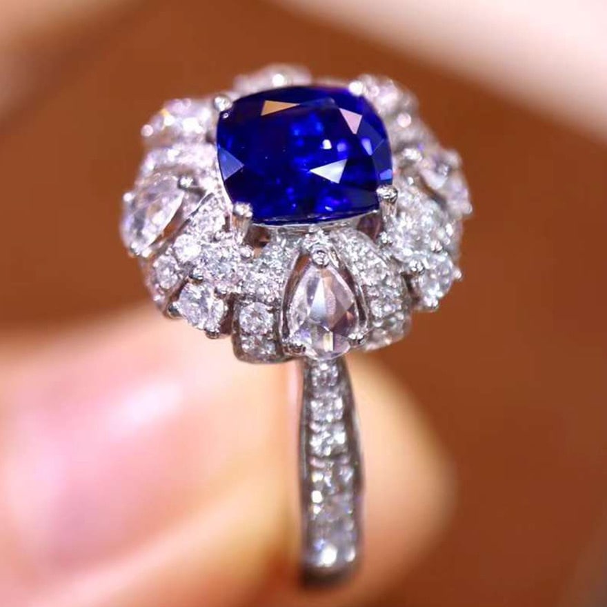 14k Gold 1.96 Ctw Natural Sapphire & Diamond Ring: Ref:230974248 // gold content:14k gold // ring size:7. 25us // // main gemstone:sapphire // shape:cushion // carat weight:1. 23ct // color:blue // treatment:natural // // adjacent gemstone 2 :