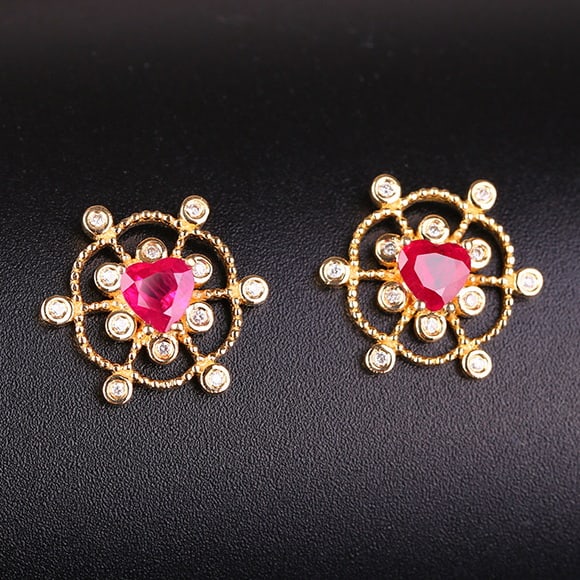 14k Gold 0.57 Ctw Natural Ruby & Diamond Earrings - 2
