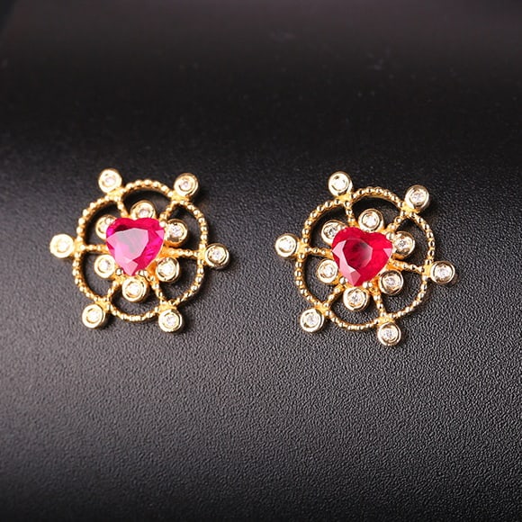 14k Gold 0.57 Ctw Natural Ruby & Diamond Earrings - 3