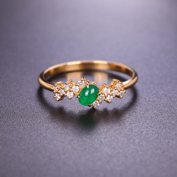 14k Gold 0.33 Ctw Vivid Green Natural Emerald & Diamond Ring: Ref:230974333 // gold content:14k gold // ring size:7. 25us // // main gemstone:emerald // shape:oval // carat weight:0. 21ct // color:vivid green // treatment:natural // // adjacent gemstone 2 : diam