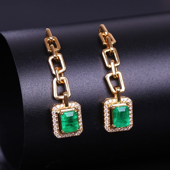 14k Gold 1.27 Ctw Vivid Green Natural Emerald & Diamond Earrings - 2