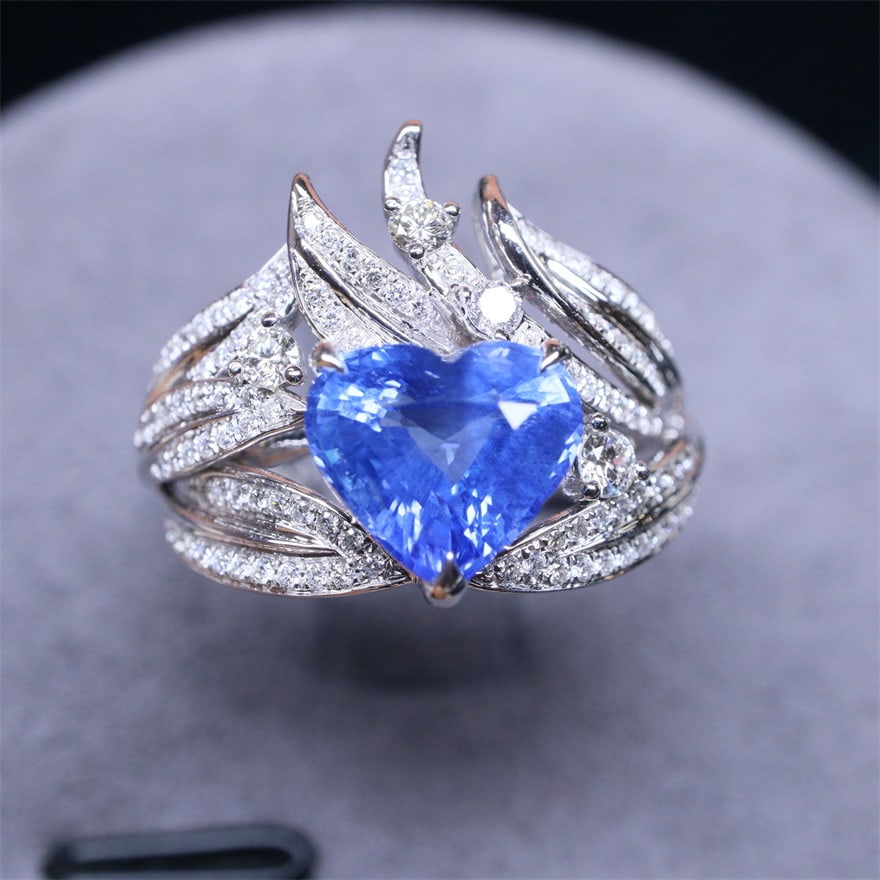 14k Gold 2.53 Ctw Natural Sapphire & Diamond Ring: Ref:230974408 // gold content:14k gold // ring size:7. 25us // // main gemstone:sapphire // shape:heart // carat weight:2. 19ct // color:blue // treatment:natural // // adjacent gemstone 2 :