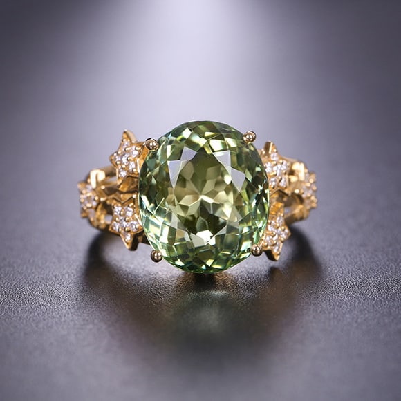 14k Gold 9.68 Ctw Natural Tourmaline & Diamond Ring: Ref:230974414 // gold content:14k gold // ring size:7. 25us // // main gemstone:tourmaline // shape:oval // carat weight:9. 4ct // color:green // treatment:natural // // adjacent gemstone 2 :